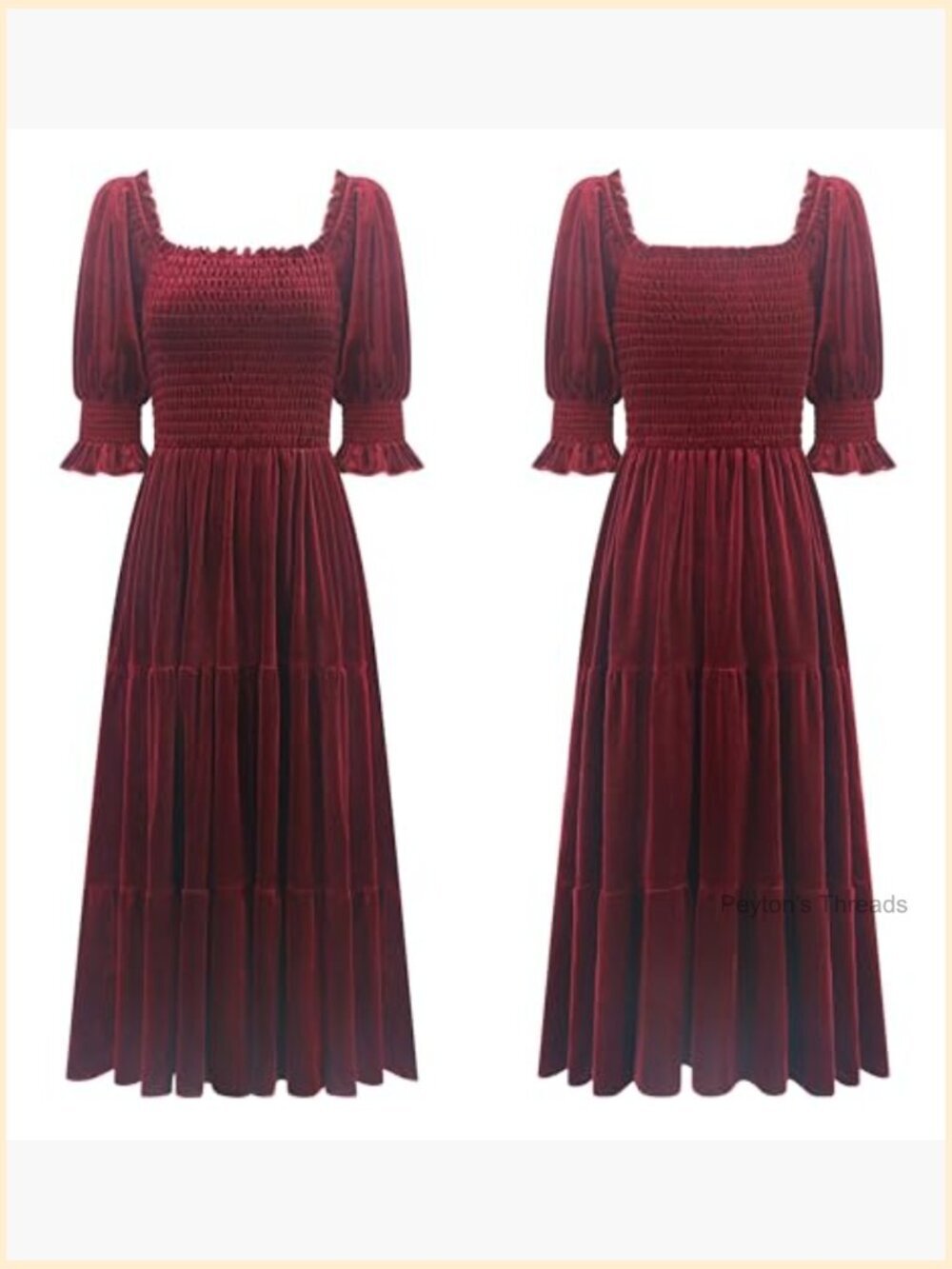 Women's Velvet Midi Dress Puff Sleeve Square Neck Smocked Tiered Ruffle A-Line - Picture 6 of 7